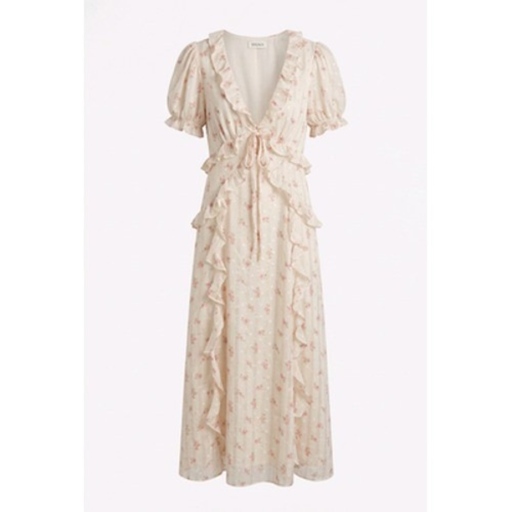 Storia Romantic Fairycore Dress Women L White Floral Chiffon Ruffle Whimsical